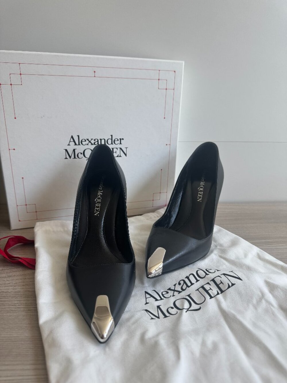 Alexander McQueen Black Leather Pointed Toe Heels with Silver Cap